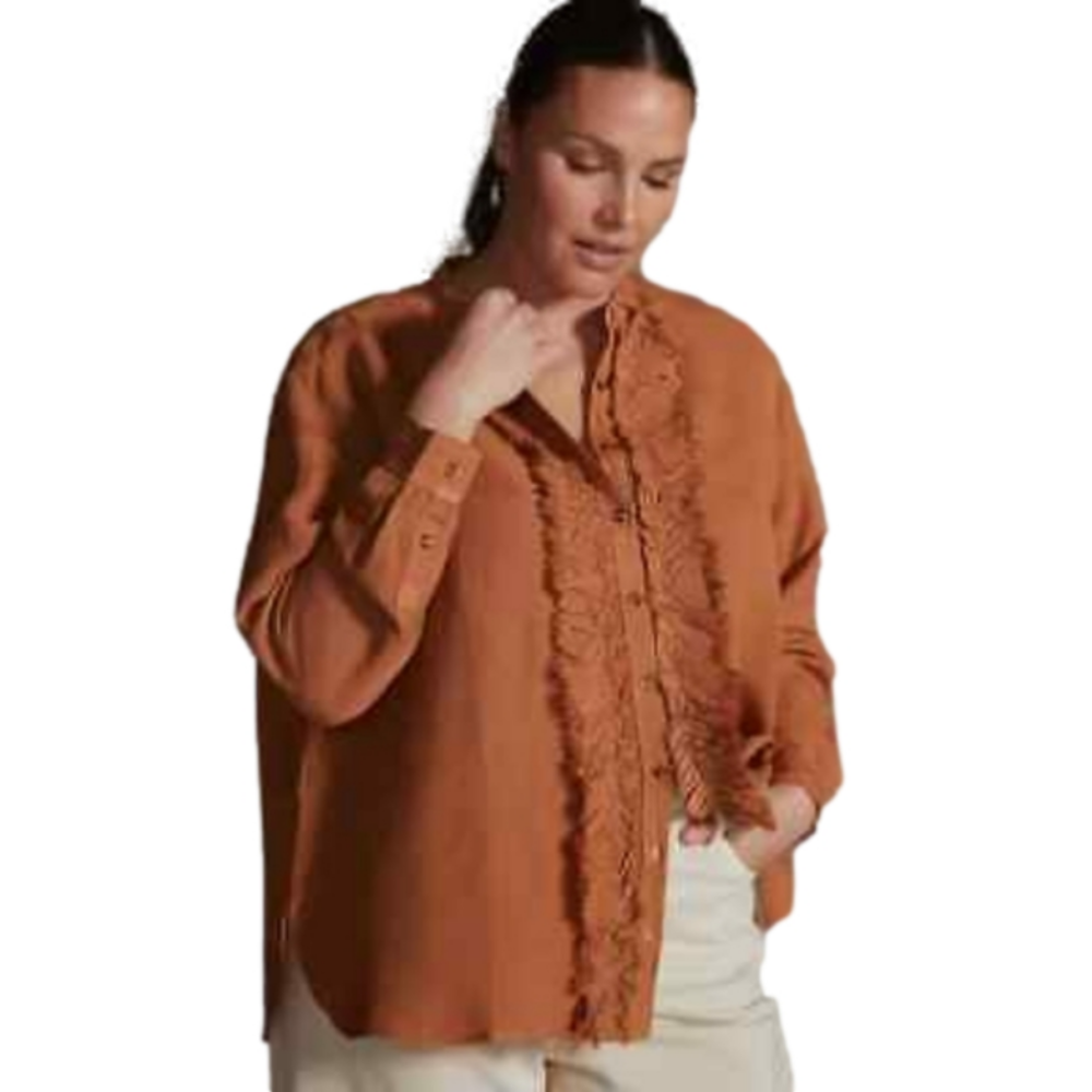 Pilcro Burnt Orange Linen Blend Ruffle Placket Button Down Casual Shirt Size M